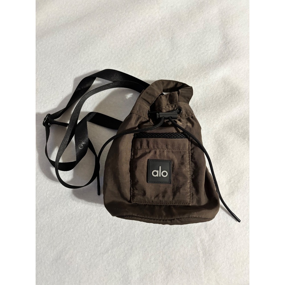 Alo Yoga Brown Nylon Drawstring Bucket Crossbody Bag Adjustable Logo Strap